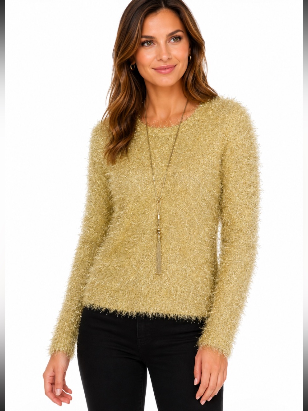 NO BOUNDARIES Gold Metallic Fuzzy Eyelash Crewneck Pullover Sweater S NWOT